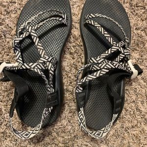 black and white chacos